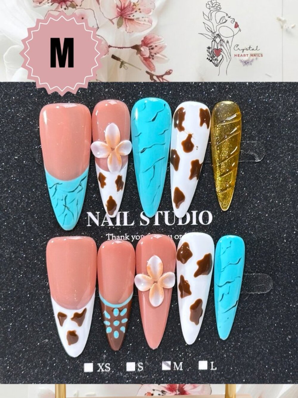 Turquoise Cow Print Stiletto Press-On Nails | Coral Pink, Gold & Floral Design